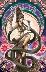 1girls artist_request bayonetta bayonetta_(character) black_hair glasses lollipop long_hair mole_under_mouth pistol red_lipstick revealing_clothes solo solo_female