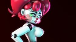 3d 4k bedroom_eyes big_breasts bust bust_portrait circus_baby circus_baby_(fnaf) disboi215 glowing_eyes green_eyes hands_on_ass highres looking_at_viewer pink_cheeks pink_nipples pinup red_hair red_lipstick red_nose rosy_cheeks sfm sideboob smile source_filmmaker thin_waist