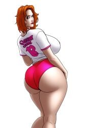 1girls anon big_ass bubble_butt bunanza_ cowboy_shot fat_ass hotpants hourglass_figure messy_hair pink_shorts red_hair short_hair solo t-shirt tagme