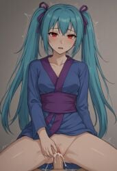 1girls ai_generated blue_hair blue_kimono cum_in_pussy female hetero japanese_clothes male/female masa_works_design mjdennsfw oni_to_kitsune_no_hanashi pov pubic_hair purple_ribbons purple_sash red_eyes self_upload shuri_oborodzuka touching_pussy trembling twintails