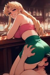 ai_generated ass ass_focus ass_smothering ass_worship bar_(place) bar_counter black_lagoon blonde_hair blue_eyes dominant_female eda facesitting green_skirt looking_at_viewer pink_topwear seductive_look submissive_male