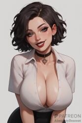 1girls ai_generated almighty_descent black_hair blake_(almighty_descent) choker cleavage collar earrings goth goth_girl grey_eyes highres huge_breasts large_breasts looking_at_viewer messy_hair oc office_lady open_clothes open_shirt original_character pushing_breasts_together red_lipstick shiny_skin short_hair smile solo