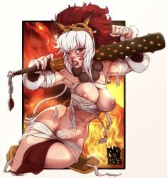 abs bandages club_(weapon) fire fire_emblem knowonnos large_breasts muscular pubic_hair rinkah_(fire_emblem) tan_skin torn_clothes weapon white_hair