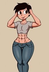 abs ai_generated brown_eyes collarbone crop_top dark_hair femboy jeans male male_only marco_diaz princess_marco short_hair simple_background six_pack star_vs_the_forces_of_evil