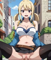 1boy 1girls ai_generated bangs bare_shoulders belt black_legwear black_skirt black_thighhighs blonde_hair blush breasts brown_eyes cleavage clitoris clothed_sex clothing cowgirl_position crop_top day detached_sleeves fairy_tail female large_breasts legwear long_hair looking_at_viewer lucy_heartfilia male midriff miniskirt navel on_top open_mouth outdoors penis pleated_skirt ranwai sex skirt sky smile solo_focus spread_legs stable_diffusion straddling straight strapless teeth thighhighs thighs tied_hair twintails vagina vaginal_penetration vest