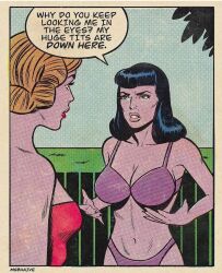 2girls angry annoyed annoyed_expression artist_request big_breasts bikini black blonde_hair blue_eyes comic dialogue dress hourglass_figure huge_breasts lesbian lipstick meme my_tits_are_down_here navel pervert red_lipstick slim_waist speech_bubble text yuri