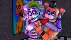 3d 4k accurate_art_style bedroom_eyes blue_eyes disboi215 ear_piercing female five_nights_at_freddy's five_nights_at_freddy's:_security_breach glamrock_freddy_(fnaf) green_claws green_hair grey_body groping_breasts groping_from_behind hand_on_hand hand_on_head hand_on_stomach highres long_hair looking_at_partner male male/female pink_nipples purple_lipstick red_nipples roxanne_wolf_(fnaf) sfm silver_hair silver_skin source_filmmaker spiked_belt spiked_bracelet spiked_collar top_hat toy_chica_(fnaf) yellow_body yellow_eyes