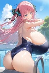 ai_generated back_view backboob big_ass big_butt blue_eyes breasts_bigger_than_head enormous_breasts fat_ass gigantic_ass gigantic_breasts go-toubun_no_hanayome hair_ribbon huge_breasts huge_thighs light-skinned_female light_skin long_hair looking_back lovesora404 massive_ass massive_breasts nakano_nino one-piece_swimsuit pink_hair sideboob solo_female squatting sweat sweatdrop swimsuit thick_thighs thighs voluptuous voluptuous_female