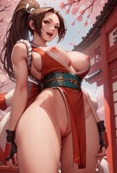 ai_generated breasts_out brown_hair cherry_blossoms fingerless_gloves fit_female japanese_clothes king_of_fighters large_breasts long_hair mai_shiranui nude pelvic_curtain ponytail smile standing