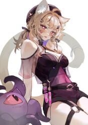 1girl 1girls :d ahoge animal_ears bangs bare_shoulders belt blonde_hair blush breasts cat_ears cat_tail catgirl choker cleavage cowboy_shot eyebrows_visible_through_hair face_markings facial_mark female garter_straps hair_ornament hairclip hat headset heart-shaped_pupils long_hair looking_at_viewer medium_breasts navel open_mouth red_eyes ribbon scar skirt smile solo_female solo_focus squchan_(vtuber) strapless syringe tail thigh_strap twintails virtual_youtuber vyugen white_background x_hair_ornament