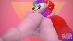 1girls 3d 3d_(artwork) anthro anus ass biped clown clown_makeup digital_media_(artwork) equid equine female friendship_is_magic genitals gesture hair hand_gesture hasbro hi_res looking_at_viewer looking_back mammal my_little_pony nude pinkie_pie_(mlp) pupils pussy rexyvexi smile solo thick_thighs v_sign