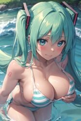 1girls ai_generated bikini blush cleavage collarbone female hatsune_miku shinjo_(artist) smile solo striped_bikini striped_swimsuit striped_swimwear vocaloid