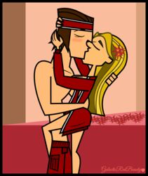 big_breasts bimbo blonde_hair busty galactic-red-beauty hair human human_only humanoid kissing large_breasts lindsay_(tdi) long_hair open_clothes open_shirt shirt straight total_drama_island tyler_(tdi)