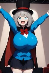 1girls ai_generated awesomeness98778 bangs big_breasts black_skirt blue_cardigan blue_eyes cape civitai cowboy_shot female female_focus female_only grey_hair happy large_breasts looking_at_viewer magician_hat open_mouth pixai red_cape short_hair smile stage tejina_senpai top_hat white_pupils