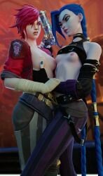 2girls 3d arcane arcane_jinx arcane_vi blue_hair breasts female female_only groping_breasts incest jinx_(league_of_legends) league_of_legends momma-sleeptalker open_jacket pink_hair red_hair shirt_lift siblings sisters vi yuri