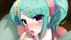 artist_request censored character_request fellatio game_cg green_hair hair_ornament martopia nail_polish oral purple_eyes source_request tagme tongue