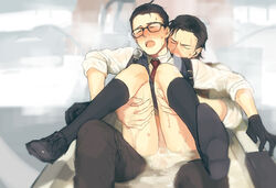 2boys anal anal_insertion badge black_hair breath clothed_sex fog gay glasses gloves joseph_oda kneehighs leg_grab legs_up male multiple_boys necktie no_pants object_insertion omix open_mouth partially_submerged penis sebastian_castellanos see-through sex short_hair sitting sleeves_rolled_up sweat the_evil_within vest water wet wet_clothes yaoi