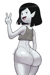 absurd_res adventure_time ass black_hair bodily_fluids bottomless bottomwear bottomwear_down breasts cartoon_network clothed clothing demon female hair hexecat hi_res humanoid looking_at_viewer looking_back marceline marceline_abadeer pants pants_down partially_clothed shirt shirt_only short_hair side_boob smiley_face solo sweat sweaty_butt topwear topwear_only vampire