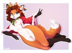 anthro blush breasts canid canine christmas christmas_clothing clothing female fox fur genitals gesture hair hand_gesture hi_res holidays holly_(plant) mammal nipples nude open_mouth plant pussy siwiko smile solo tail v_sign