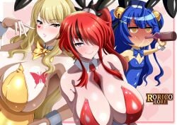 3girls @_@ absurdres ahoge alternate_costume amamiya_kokoro black_hair blonde_hair blue_leotard blush bottle breast_tattoo breasts butterfly_tattoo cleavage collar detached_collar facial_mark hair_over_one_eye heart heart_facial_mark highres holding holding_bottle huge_breasts lain_paterson large_breasts leotard looking_at_viewer luis_cammy multicolored_hair multiple_girls necktie nijisanji playboy_bunny ponytail red_hair red_leotard red_necktie small_breasts smile strapless strapless_leotard streaked_hair tattoo virtual_youtuber white_collar white_wrist_cuffs wrist_cuffs yellow_eyes yellow_leotard