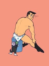 ass black_hair black_socks canine embarrassed getting_dressed looking_back male_focus mojo_jojo no_visible_genitalia plain_background powerpuff_girls professor_utonium tvfish-art underwear_pull