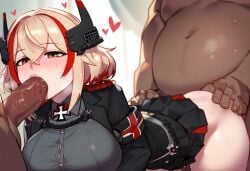 ai_generated azur_lane black black_body black_penis dark-skinned_male doggy_style fat_man grabbing_ass heart interracial oral_sex roon_(azur_lane) spitroast uniform vaginal_penetration