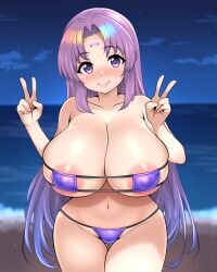 1girls areola_slip areolae artist_request beach big_breasts bikini blue_hair blurry_background blush breasts cleavage closed_mouth collarbone commission cowboy_shot curvy dimension252525 double_v eyepatch_bikini female female_focus female_only forehead_jewel hi_res huge_breasts large_areolae large_breasts long_hair looking_at_viewer multicolored_hair navel night night_sky original outdoors pixiv_commission plump purple_eyes purple_hair rainbow_gradient reverie_vorfeed sky smile solo solo_female solo_focus swimsuit two-tone_hair v water