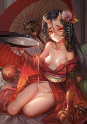 alcohol areolae black_hair blush bowl breasts female flower hair_flower hair_ornament horns indoors japanese_clothes kanzashi looking_at_viewer mask nipples oni open_clothes original pale_skin pouring pouring_on_self saber_01 sakazuki sake sitting small_breasts smile solo tengu_mask umbrella wakamezake water