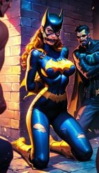 ai_generated alley alleyway barbara_gordon batgirl batgirl_(gotham_knights) bimbo bondage captured captured_heroine captured_superheroine crying dc dc_comics defeated defeated_heroine heroine imminent_rape imminent_sex raped_by_enemy red_hair superheroine tears tied_up