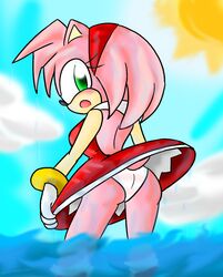 1girls amy_rose anthro ass dress female gloves green_eyes hairband hedgehog looking_back panties pink_hair sega solo sonic_(series) upskirt water white_panties xero-j