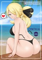 1girls ass beach big_ass big_breasts bikini blonde_hair blush breasts cynthia_(pokemon) female female_only gray_eyes grey_eyes human large_ass misune_art nintendo pokemon pokemon_dppt solo tagme thick_thighs thighs