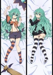 2d 2d_(artwork) ass breasts dakimakura dakimakura_design date_a_live green_eyes green_hair hat kyouno_natsumi light-skinned_female long_hair looking_at_viewer no_pants pussy socks thighs vagina vampy_squid