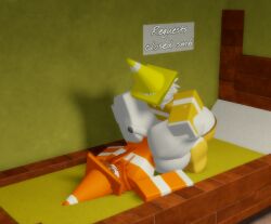 2femboys 3d anal_sex bedroom_sex cone_hat femboy_on_femboy gay_sex goofylookin hiran_(goofylookin) large_ass large_thighs molane_(goofylookin) on_back on_bed orange_clothing orange_hair roblox size_difference source_request thighhighs white_hair white_skin yaoi yellow_clothing