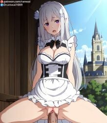 1boy ai_generated apron bangs bare_shoulders black_bow blunt_bangs blush bow bowtie braid breasts cleavage clitoris clothed_sex clothing cloud cowgirl_position cowgirl_position crown_braid day dress elf emilia_(re:zero) female female flower frills grey_hair hair_flower hair_ornament hair_ribbon large_breasts long_hair looking_at_viewer maid male medium_breasts open_mouth outdoors penis purple_eyes ranwai re:zero_kara_hajimeru_isekai_seikatsu ribbon rose sex sky sleeveless solo_focus spread_legs stable_diffusion straddling straight tied_hair vagina vaginal_penetration white_dress white_flower white_hair x_hair_ornament