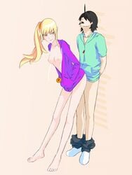 1boy ahoge araragi_koyomi barefoot black_hair blonde_hair bottomless breasts female highres jacket long_hair male monogatari_(series) nipples nisemonogatari open_clothes open_jacket open_mouth oshino_shinobu pants_down pointy_ears ponytail sex short_hair side_ponytail straight tied_hair yellow_eyes