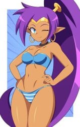 1girls abysswatchers almost_nude ass bikini black_woman blue_bikini blue_eyes blue_outfit blue_swim_trunks breasts dark-skinned dark-skinned_female dark_skin earrings female female_only gold high_res jewelry medium_breasts ponytail purple_hair shantae shantae:_half-genie_hero shantae_(character) shantae_and_the_pirate's_curse shantae_and_the_seven_sirens skinny skinny_female skinny_girl skinny_legs skinny_waist solo swimsuit thin thin_female thin_waist