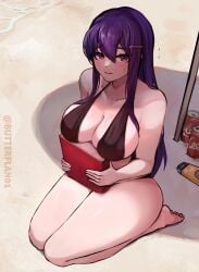 beach bikini busty butterflan01 coca-cola doki_doki_literature_club purple_eyes purple_hair solo_female yuri_(doki_doki_literature_club)