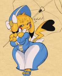 1girls ass ass_in_dress big_ass bottom_heavy breasts bubble_butt clothing dress fat_ass female female_only huge_ass large_ass pikachu pikachu_belle pokemon pokemon_(species) purple_yoshi_draws shortstack solo thick_ass thick_thighs umbrella wide_hips