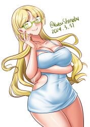 absurdres alternate_costume blonde_hair breasts cleavage covered_navel dated dress female female_only glasses green-framed_eyewear highres kantai_collection katou_shinobu large_breasts long_hair northampton_(kantai_collection) one-hour_drawing_challenge simple_background solo solo_female twitter_username white_background white_dress yellow_eyes