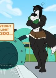 2017 abs annoyed anthro blue_eyes bottomwear breasts canid canine cleavage clothed clothing female fox hi_res mammal muscular muscular_anthro muscular_female shorts slide solo toughset water_slide