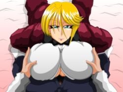 1girls ass ass_up bed big_ass big_breasts big_breasts big_butt blonde_hair boobjob bowtie breast_grab breast_press breast_squeeze breasts breasts breasts busty clothed clothed_sex dominant_female elegant female grabbing grabbing_breasts green_eyes hands_on_breasts inside kaimanwanio king_(snk) king_of_fighters light-skinned_female light_skin looking_at_viewer on_bed on_stomach paizuri paizuri_under_clothes pants penis penis_out pov pov_hands pov_paizuri pressing_breasts_together seductive shirt short_hair smiling smiling_at_viewer suit titfuck_under_clothes titjob titjob white_shirt