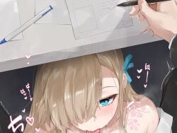 1boy asuna_(blue_archive) blonde_hair blue_archive blue_eyes blush dema_hmw desk female hair_over_one_eye hair_ribbon holding holding_pencil implied_fellatio long_hair looking_at_viewer paper pen pencil ribbon solo_focus sweat tongue under_the_table