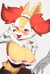 2:3 anthro areola areola_slip big_breasts biped bombeebus braixen breasts canid canine clothing duo female female_anthro female_focus fur generation_6_pokemon heart_eyes heart_symbol hi_res inner_ear_fluff maid_uniform mammal nintendo pokemon pokemon_(species) simple_background solo_focus tuft uniform white_body white_fur yellow_body yellow_fur