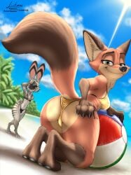 absurd_res anthro ass balls beach bikini breasts bulge canid canine canis clothed clothing digital_media_(artwork) disney duo ear_markings facial_markings female femboy fox fur genitals golden_bikini head_markings hi_res jack_savage lagomorph leporid link6432 male male/female mammal markings mature_female mrs._wilde rabbit red_fox simple_background smile swimwear tail true_fox two-piece_swimsuit ych_(character) zootopia