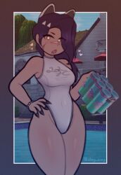 1girls cat_ears catgirl chug_splash court_queen_erisa_(fortnite) coy_doy erisa_(fortnite) female female_only fortnite fortnite:_battle_royale hand_on_hip holding_object one-piece_swimsuit purple_hair small_breasts swimsuit