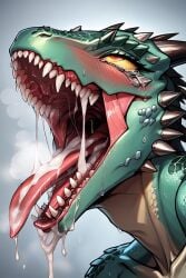 ahe_gao ai_generated argonian cum cum_in_mouth female green_scales teeth teeth_showing tongue_out