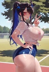 1girls ai_generated ai_video animated animation ass ass_focus balecxi black_hair blue_hair bouncing_breasts breasts colored_inner_hair demon_horns female from_the_side hololive hololive_english hololive_english_-advent- huge_ass index_finger_raised jiggling_ass jiggling_breasts large_breasts long_hair looking_at_viewer looking_back mole mole_under_eye nerissa_ravencroft no_sound peace_sign ponytail red_eyes skirt smile solo stay_blocky tagme thick_thighs video virtual_youtuber white_shirt