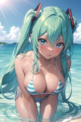 1girls ai_generated bikini blush cleavage collarbone female hatsune_miku open_mouth shinjo_(artist) solo striped_bikini striped_swimsuit striped_swimwear vocaloid