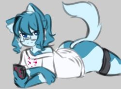 ambiguous_gender anthro ass ass_up blue_body blue_fur bottomwear bottomwear_down clothed clothing couldbecheese eyewear felid fur glasses male_(lore) mammal partially_clothed rexie_(couldbecheese) shorts shorts_down solo