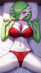 ai_generated bed bikini bra breasts cleavage female female_focus female_only game_freak gardevoir gen_3_pokemon generation_3_pokemon green_hair green_skin huge_breasts kemonogirls laying_down nintendo pokemon pokemon_(species) red_bra red_eyes red_underwear short_hair sideboob two_tone_body two_tone_skin underwear white_skin